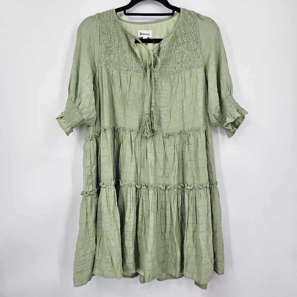 &Merci Green Tiered Button‎ Down Mini Dress | Cottagecore Style | Size M